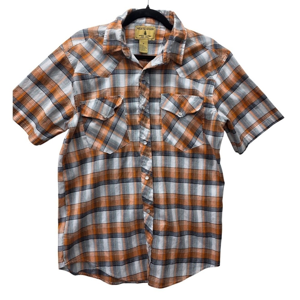 North Wood Mens Orange Plaid Western Pearl Snap Short Sleeve Shirt Size Medium